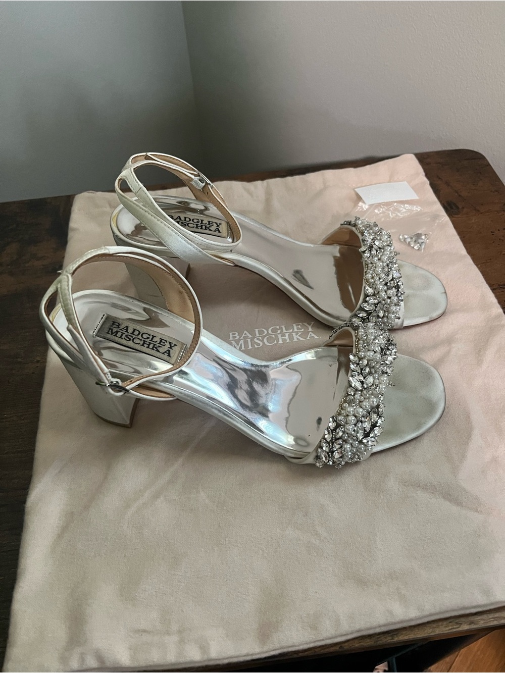 Badgley Mischka Silver Crystal Embellished Block Heel Sandals